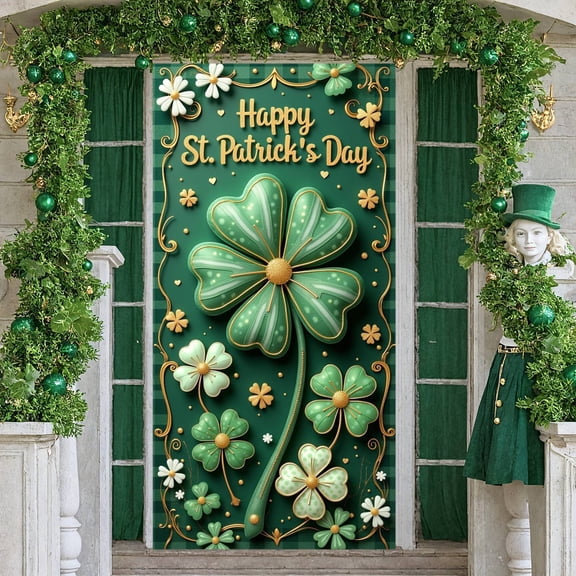 Green Hat St. Patrick's Day Banner Shamrock Pattern Clover Backdrop Orange Green Bow Tie Theme Background for St. Patrick's Day Party Irish Festival Celebration Photo Shoot