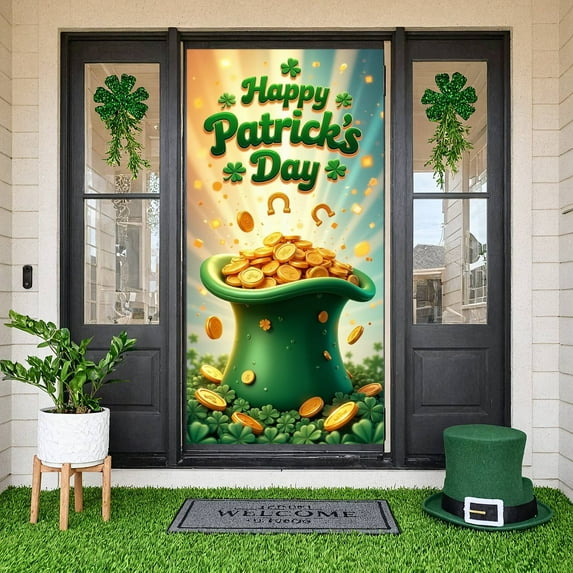 Green Hat St. Patrick's Day Banner Shamrock Pattern Clover Backdrop Orange Green Bow Tie Theme Background for St. Patrick's Day Party Irish Festival Celebration Photo Shoot