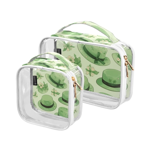 Green Hats Flowers Clear Cosmetic Bags with Handles PVC Toiletry Bags Zipper Waterproof Portable for Traveling 2 Pcs