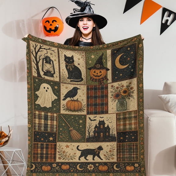 Green Haunted Cat Micro Fleece Throw Blanket, Pumpkin Ghost Patchwork Halloween Blanket for Couch Sofa Bed, Lightweight Polyester Blanket 40" x 50"