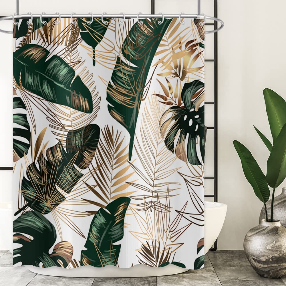 Green Hawaii Tropical Shower Curtain Green Gold Tropical Leaves Plant