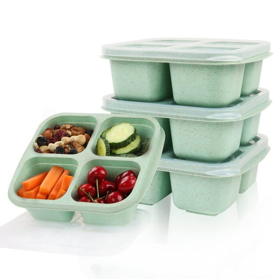 Green Healthy Meal Prep Box, Reusable Divided Snack Container, 1 Count 6.5 x 6.1 x 2.2 Inch, 4 Compartment Salad Veggie Organizer Bin, Gym Fitness Diet Portion Lunchbox Travel Essential