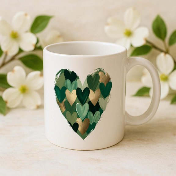 Green Hearoffee Mug, B1OtaniC1Al Love Ceramic Mug, Cozy Aesthetic Tea Cup, Nature Inspired Gift