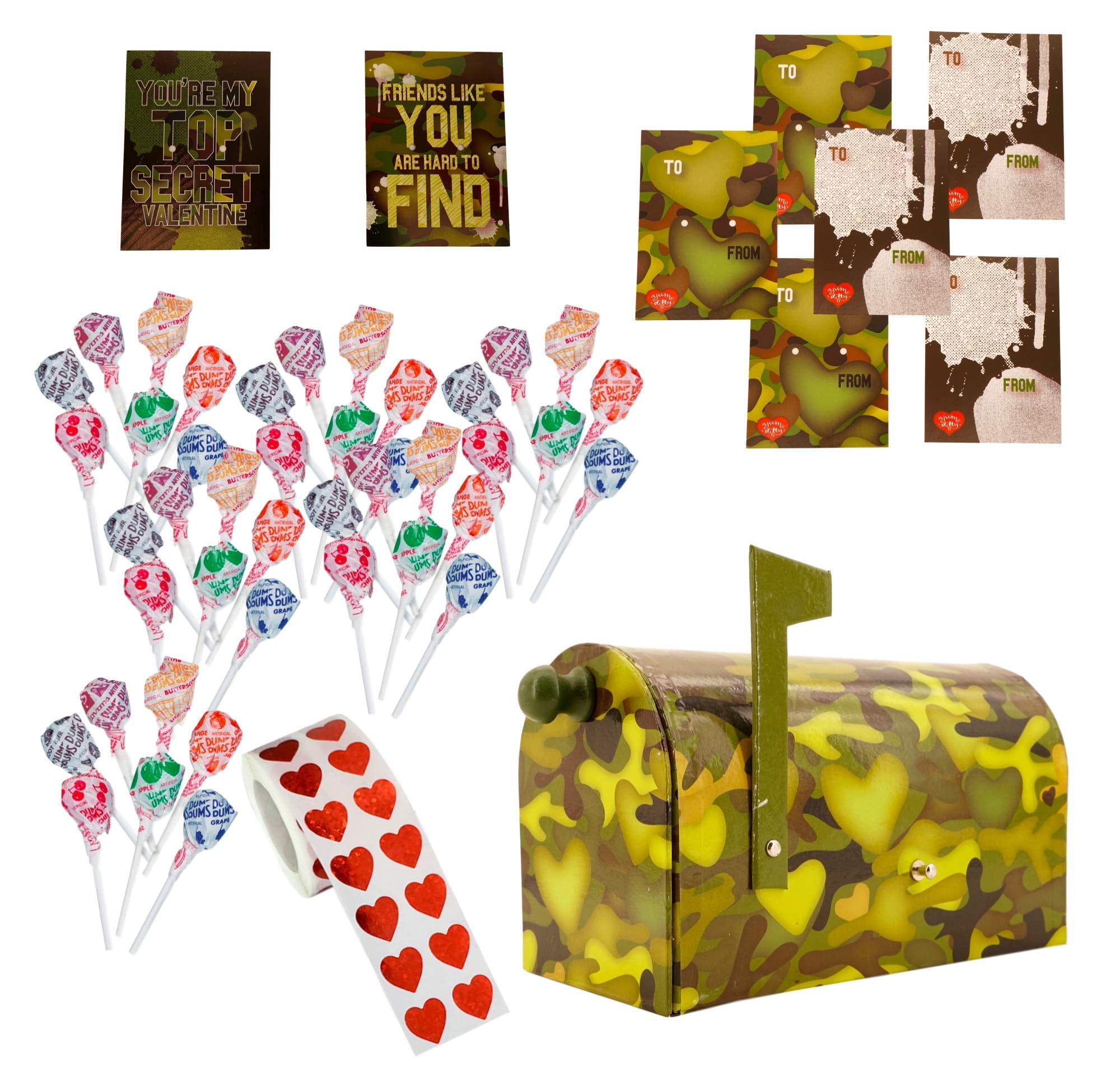 Green Heart Camouflage Keepsake Mailbox Bundle With 24 Valentine Cards, 24 Heart Sticker Seals, 24 Dum Dums