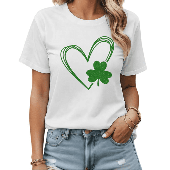 Green Heart & Clover St. Patrick's Day Graphic Tees Womans T shirt Black/White S-5XL Shirts Festive Casual Tops