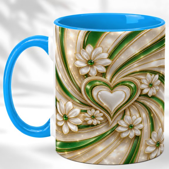 Green Heart Daisy Coffee Mug, Floral Swirl Mug, Ceramic 11 oz