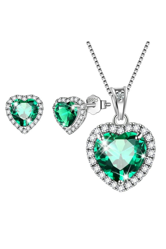 Green Heart Women Jewelry Sets Emerald May Birthstone Jewelry Set Necklace Earrings 925 Sterling Silver Christmas Birthday Mother's Day Gifts for Mom/Grandma