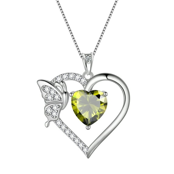 Green Heart Necklace Butterfly August Birthstone Necklace Peridot Crystal 925 Sterling Silver Pendant Jewelry Women Birthday Mother's Day Gift