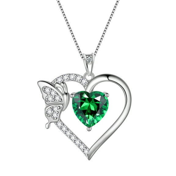 Green Heart Necklace Butterfly May Birthstone Necklace Emerald 925 Sterling Silver Pendant Jewelry Women Christmas Birthday Mother's Day Gifts
