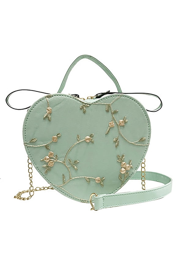 Green Heart Shaped Shoulder Bag for Women, Lady Crossbody Purse Handbags,Travel Casual Bag with Flower Embroidery,Fashion Sling Bag with Zipper Closure,Gift