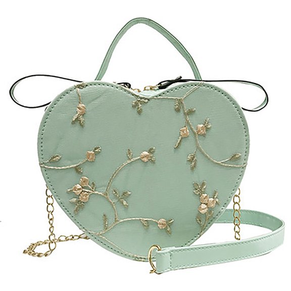 Green Heart Shaped Shoulder Bag for Women, Lady Crossbody Purse Handbags,Travel Casual Bag with Flower Embroidery,Fashion Sling Bag with Zipper Closure,Gift