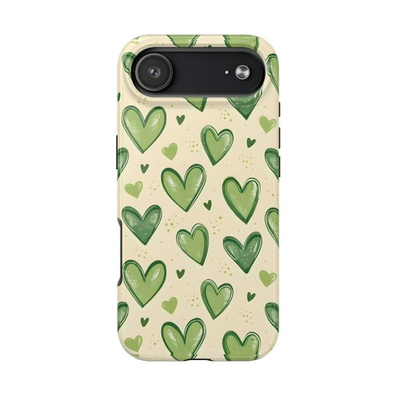 Green Heart Tough Phone Case Lexan Plastic Valentines iPhone 17 through 11 Pro Max