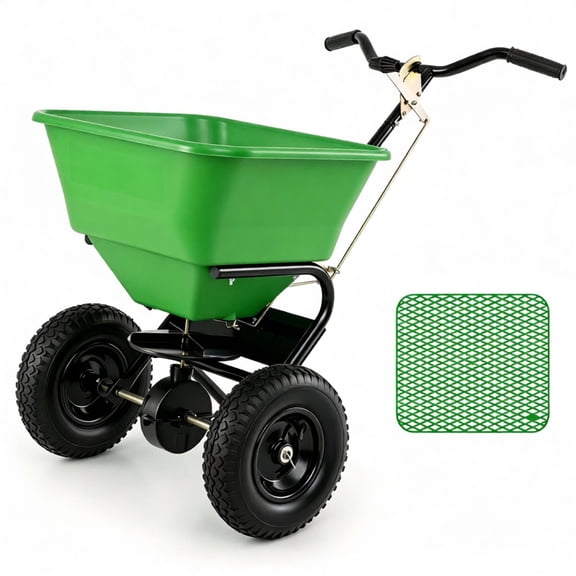Green Heavy-Duty Walk-Behind Broadcast Lawn Spreader, 66 Lbs Capacity Adjustable Flow Control, Pneumatic Rubber Wheel Push Spreaders for Grass Seed Fertilizer Snow Salt