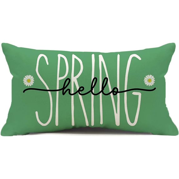 Green Hello Spring Decorations Pillow Cover, 12 x 20 Inch Spring Saying Farmhouse Cushion Case for Sofa Couch(Green,12''''x20'''')