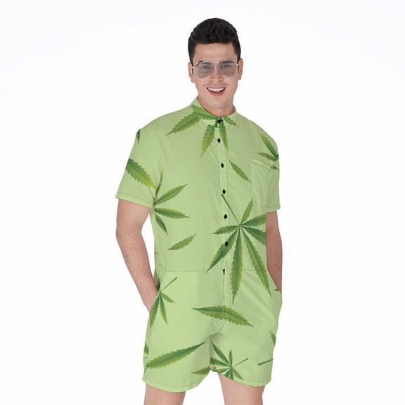 Green Hemp Leaves Pattern Short Sleeve Men'S Rompers Casual Summer Jumpsuits Outfit