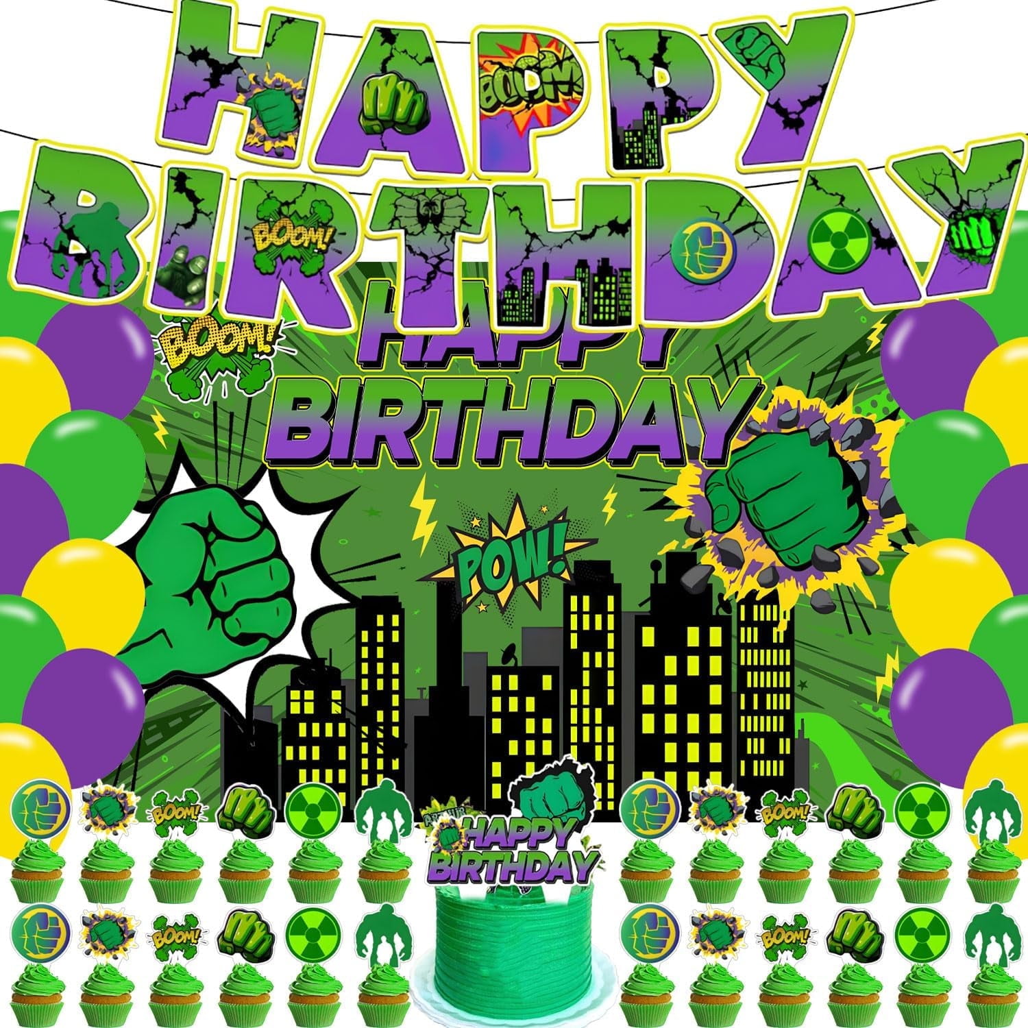 Green Hero Birthday Party Supplies,Super Green Hero Party Decorations Include Backdrop Banner Cake Topper Party Ballons for Cartoon Super Heros Party