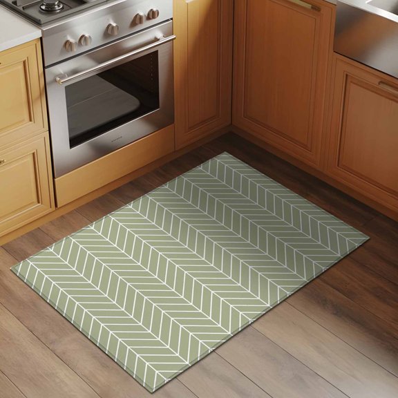 Green Herringbone Stripes 2x3 Rug for Entryway Front Door Kitchen Sink Area, Modern Abstract Geometric Sage Green Simple Lines Low Pile Washable Non Slip Rectangle Area Rug