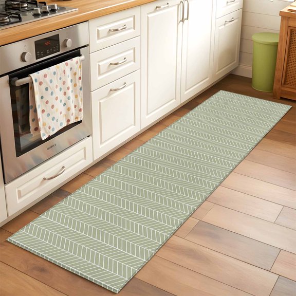 Green Herringbone Stripes 2x6 Runner Rug for Hallway Walkway Kitchen Galley, Modern Abstract Geometric Sage Green Simple Lines Low Pile Washable Non Slip Long Area Rug