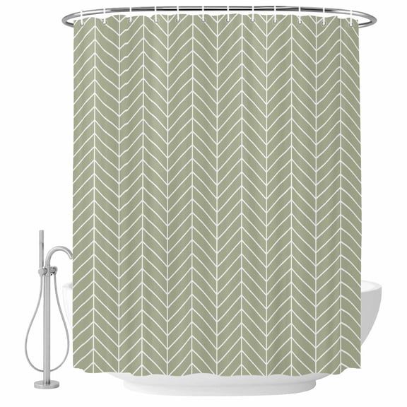 Green Herringbone Stripes Bathroom Shower Curtains with Hooks, Modern Abstract Geometric Sage Green Simple Lines Waterproof Fabric Washable Shower Curtain for Home Hotel Bathtub Decor 72x72 Inch