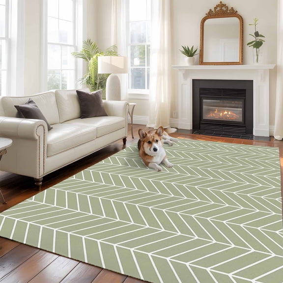 Green Herringbone Stripes Large Area Rugs 6x9 ft Modern Abstract Geometric Sage Green Simple Lines Washable Rug Non Slip Indoor Carpet Absorbent Floor Mat for Living Room Bedroom Dining Room