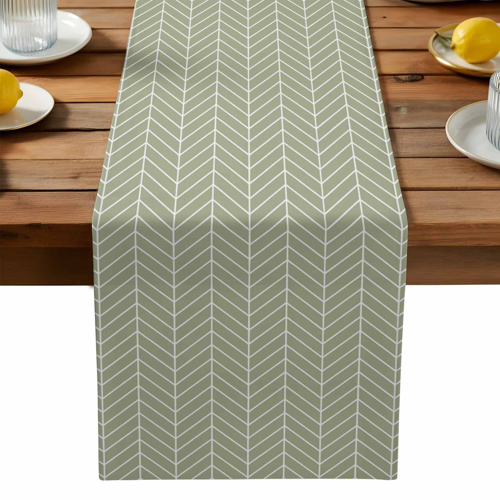 Green Ribbed Table Runner Green Herringbone Stripes Table Runner, Modern Abstract Geometric Sage ...