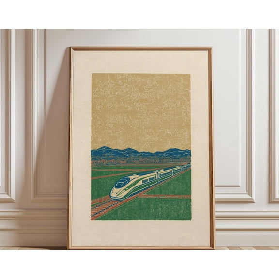 Green High Speed Train Modern Railway Landscape Minimalist Travel Wall Art, Unframed Paper Poster 24x36in