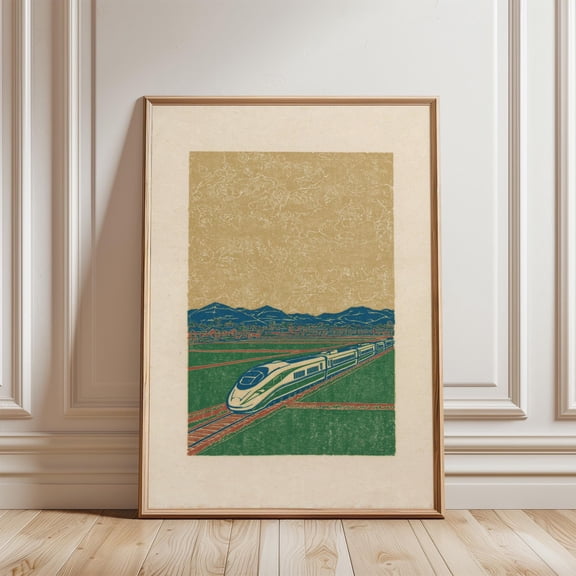 Green High Speed Train Poster, Modern Railway Landscape Art, Minimalist Travel, Poster Only