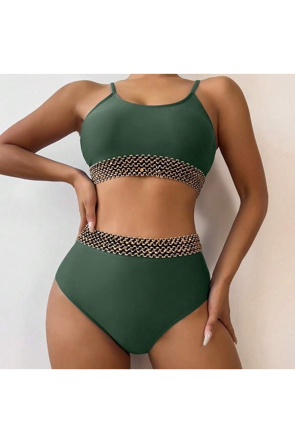 Green High-Waist Two-Piece Bikini Set With Gold-Tone Chain Embellishment