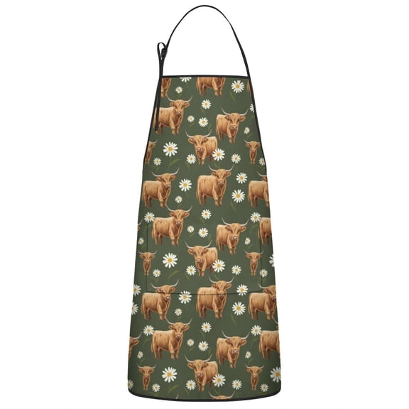 Green Highland Cow Daisy Pattern Apron-Garden Aprons for Women with Pockets-Cotton Linen Waterproof Kitchen Cooking Gardening Aprons Adjustable for Kitchen,Cooking,BBQ and Salon 33x27 Inch
