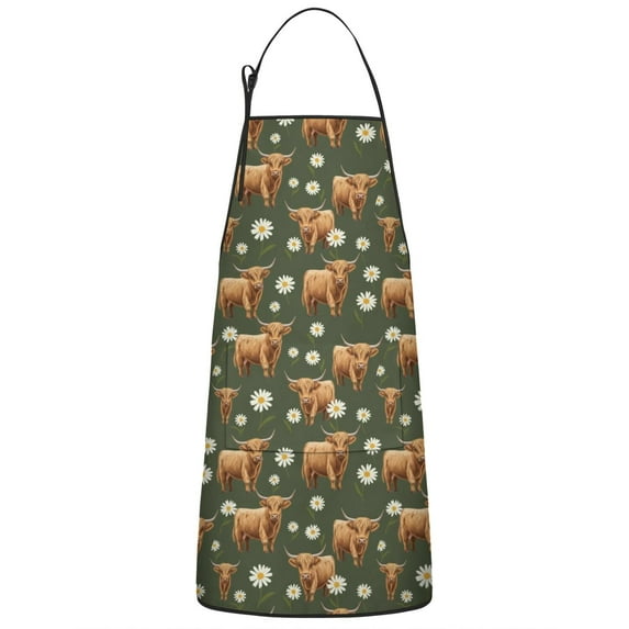 Green Highland Cow Daisy Pattern Apron-Garden Aprons for Women with Pockets-Cotton Linen Waterproof Kitchen Cooking Gardening Aprons Adjustable for Kitchen,Cooking,BBQ and Salon 33x27 Inch