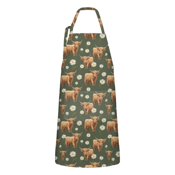 Green Highland Cow Daisy Pattern Apron-Garden Aprons for Women with Pockets-Cotton Linen Waterproof Kitchen Cooking Gardening Aprons Adjustable for Kitchen,Cooking,BBQ and Salon 33x27 Inch