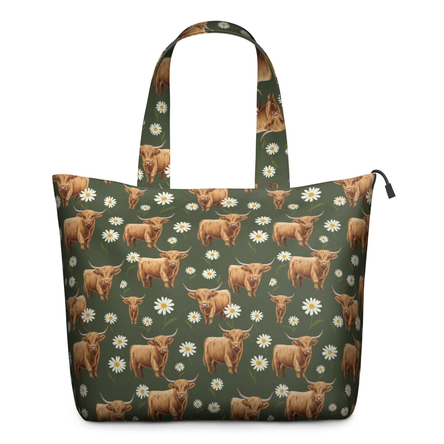 Green Highland Cow Daisy Pattern Travel Tote Bags for Women Carry On,Large Weekender Bags for Women Travel,Multi Functional Duffle Bag for Work,Shopping,Sports