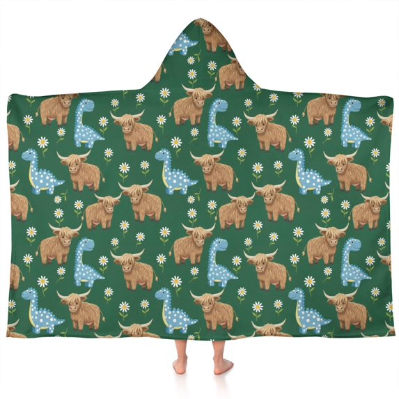 Green Highland Cow Dinosaur Pattern Hooded Bath Towel,60"x35" for Ages 3 To 12 Kids, Quick Dry Lightweight Soft Microfiber Hood Beach Towel Cover Up for Kids