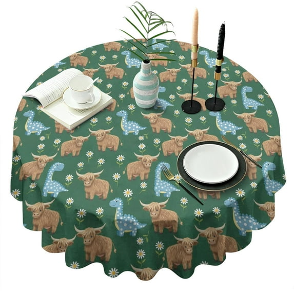 Green Highland Cow Dinosaur Pattern Round Tablecloth 60"x60",Wrinkle Wipeable Table Cloth for Kitchen Dining Room Picnic Patio Party