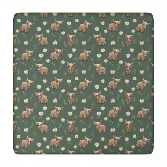 Green Highland Cow Dinosaur Pattern Square Fitted Tablecloth with Elastic Edge,Square Table Cover,Washable Elastic Table Cover for Home Kitchen Party Decor 34"x34"