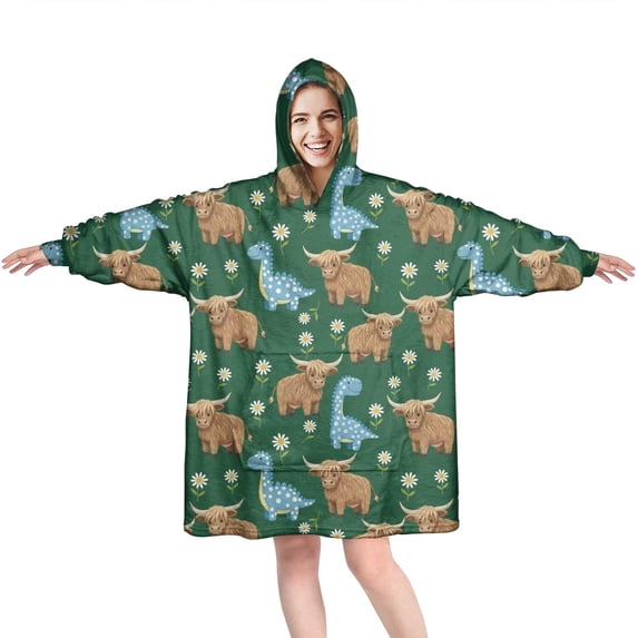 Green Highland Cow Dinosaur Pattern Wearable Oversized Blanket,Wearable Blanket Hoodie for Adults,Cozy Hooded Blankets with Super Pockets,Super Warm Fuzzy Pullover for Women & Men