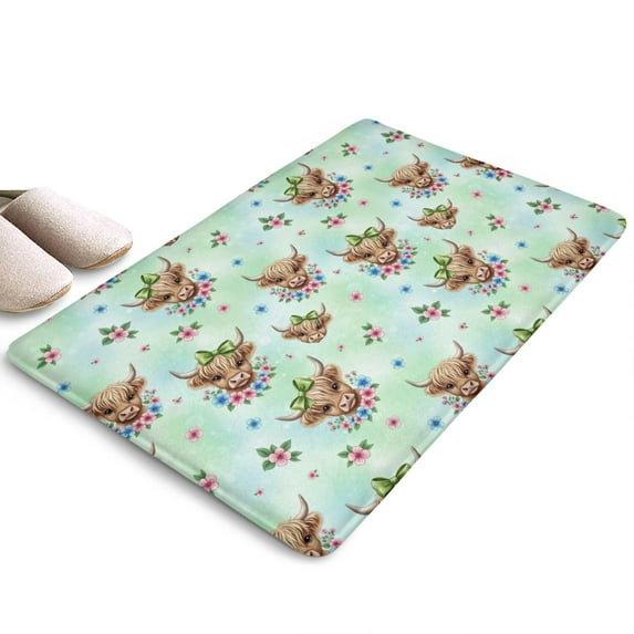 Green Highland Cow Flower Flannel Non Slip Door Rugs,Washable Door Mats Indoor,Decorative Door Mats,Dirt-Resistant and Absorbent Doormat for Entrance,Bedroom,Kitchen,Bathroom,31.5"x17"