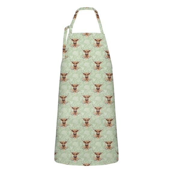 Green Highland Cow Flower Pattern Apron-Garden Aprons for Women with Pockets-Cotton Linen Waterproof Kitchen Cooking Gardening Aprons Adjustable for Kitchen,Cooking,BBQ and Salon 33x27 Inch