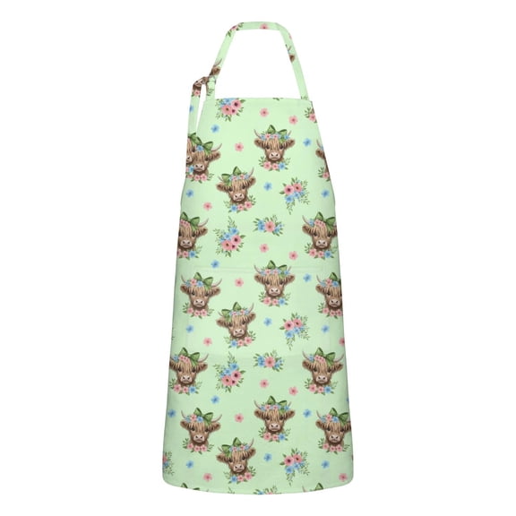 Green Highland Cow Flower Pattern Apron-Garden Aprons for Women with Pockets-Cotton Linen Waterproof Kitchen Cooking Gardening Aprons Adjustable for Kitchen,Cooking,BBQ and Salon 33x27 Inch