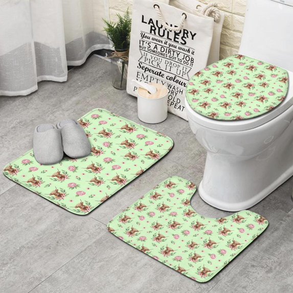 Green Highland Cow Flower Pattern Bathroom Rugs Sets 3 Piece,Toilet Cover Set,Absorbent Non Slip Bathroom Mats Sets with U-Shaped Contour Rug Toilet Rug Set