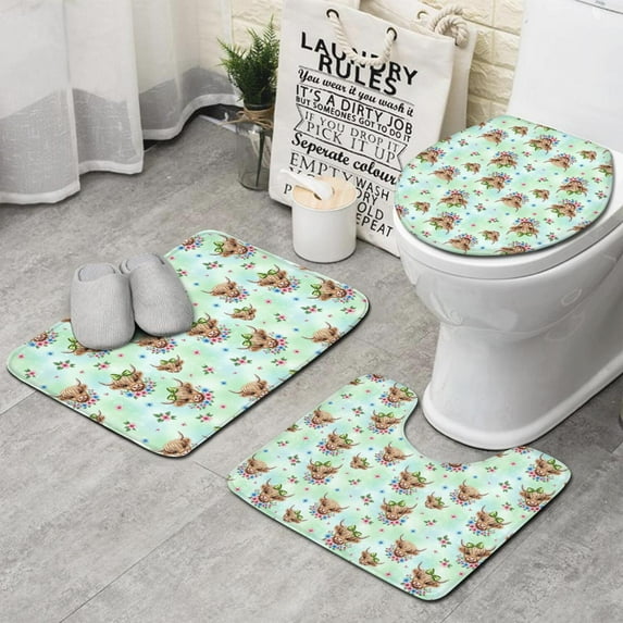 Green Highland Cow Flower Pattern Bathroom Rugs Sets 3 Piece,Toilet Cover Set,Absorbent Non Slip Bathroom Mats Sets with U-Shaped Contour Rug Toilet Rug Set