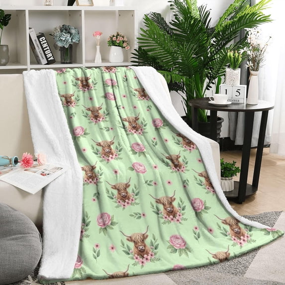 Green Highland Cow Flower Pattern Blanket,Comfortable Soft Lamb Wool Throw Blanket,All Season,Warm Lightweight Blankets for Sofa Bed Couch Living Room Chair,50"x60"