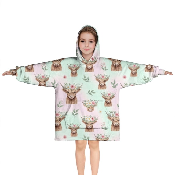 Green Highland Cow Flower Pattern Blanket Hoodies for Kids 6-13YR Oversize Wearable Blanket Hoodies for Boys Girls Teens