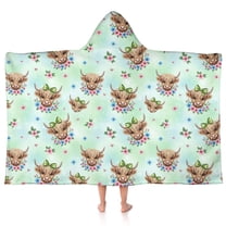 Green Highland Cow Flower Pattern Hooded Bath Towel,50"x30" for Ages 3 To 12 Kids, Quick Dry Lightweight Soft Microfiber Hood Beach Towel Cover Up for Kids