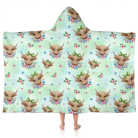 Green Highland Cow Flower Pattern Hooded Bath Towel,50"x30" for Ages 3 To 12 Kids, Quick Dry Lightweight Soft Microfiber Hood Beach Towel Cover Up for Kids