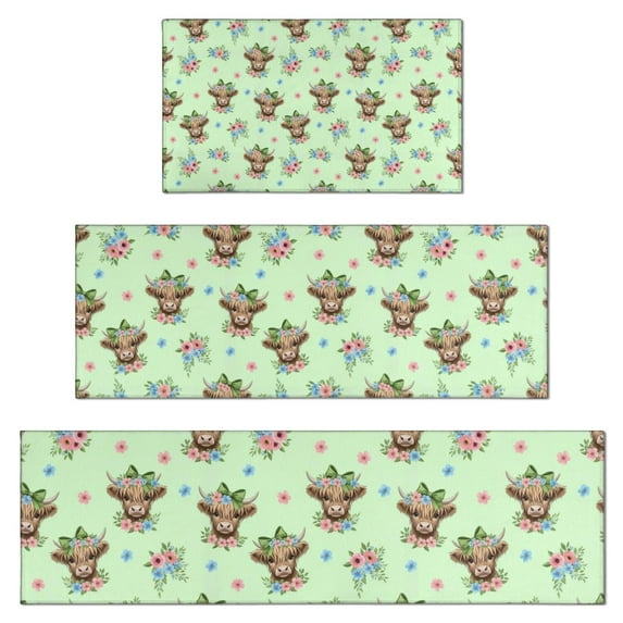 Green Highland Cow Flower Pattern Kitchen Rugs Sets Of 3,Kitchen Runner Rugs Non Skid Washable,Decorative Kitchen Floor Mats for Kitchen,Sink,Laundry,17"x30"+ 17"x47" + 17"x59"