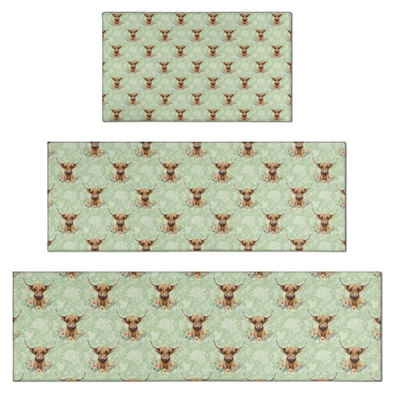 Green Highland Cow Flower Pattern Kitchen Rugs Sets Of 3,Kitchen Runner Rugs Non Skid Washable,Decorative Kitchen Floor Mats for Kitchen,Sink,Laundry,17"x30"+ 17"x47" + 17"x59"