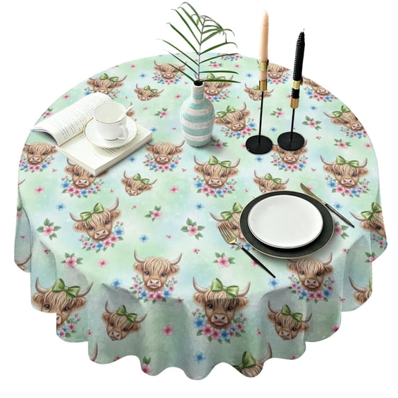 Green Highland Cow Flower Pattern Round Tablecloth 60"x60",Wrinkle Wipeable Table Cloth for Kitchen Dining Room Picnic Patio Party