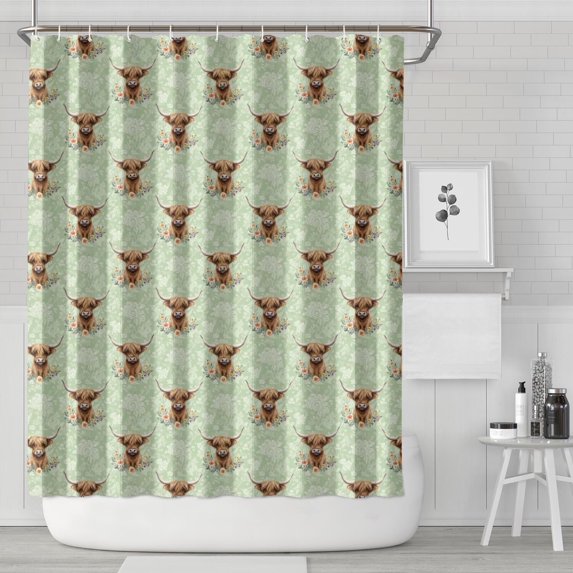 Green Highland Cow Flower Pattern Shower Curtain 84"x72" ,Bathroom Decorative Shower Curtains Set with 12 Hooks,Modern Waterproof Washable Shower Curtain