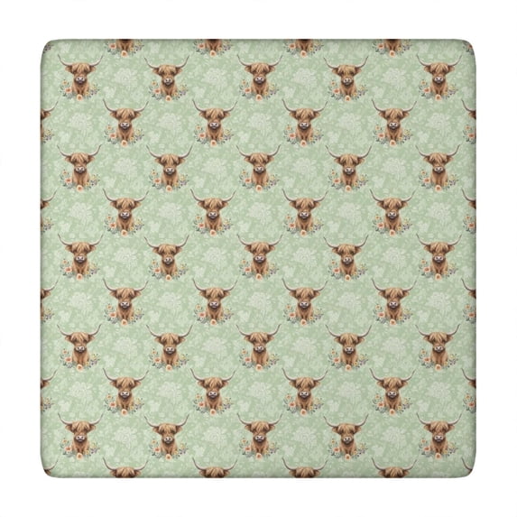 Green Highland Cow Flower Pattern Square Fitted Tablecloth with Elastic Edge,Square Table Cover,Washable Elastic Table Cover for Home Kitchen Party Decor 34"x34"